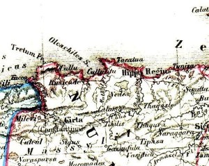oude kaart van Hippo en Constantine. Arsacal ligt 15 à 20 km west van Constantine