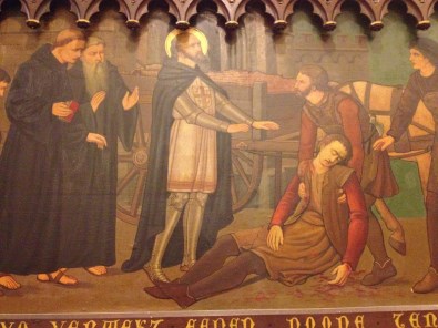 afbeelding van de H. Bavo die een dode opwekt, in de St. Bavokerk, Heemstede