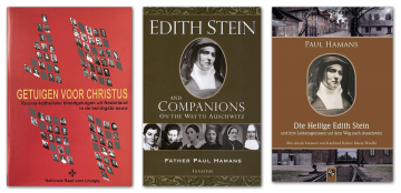 De drie uitgaven: links het werk over alle geloofsgetuigen, daarnaast de boeken over Edith Stein en lotgenoten